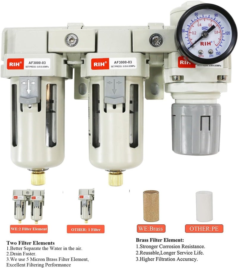 RIH Store Pneumatics DFR-03 3/8'' NPT Compressed Air Double Filter & Regulator, Air Drying System, Air Compressor Water Separator, Semi -Auto Drain, Poly Bowl,0-150 psi Gauge, 5 Micron Brass Element - Image 4